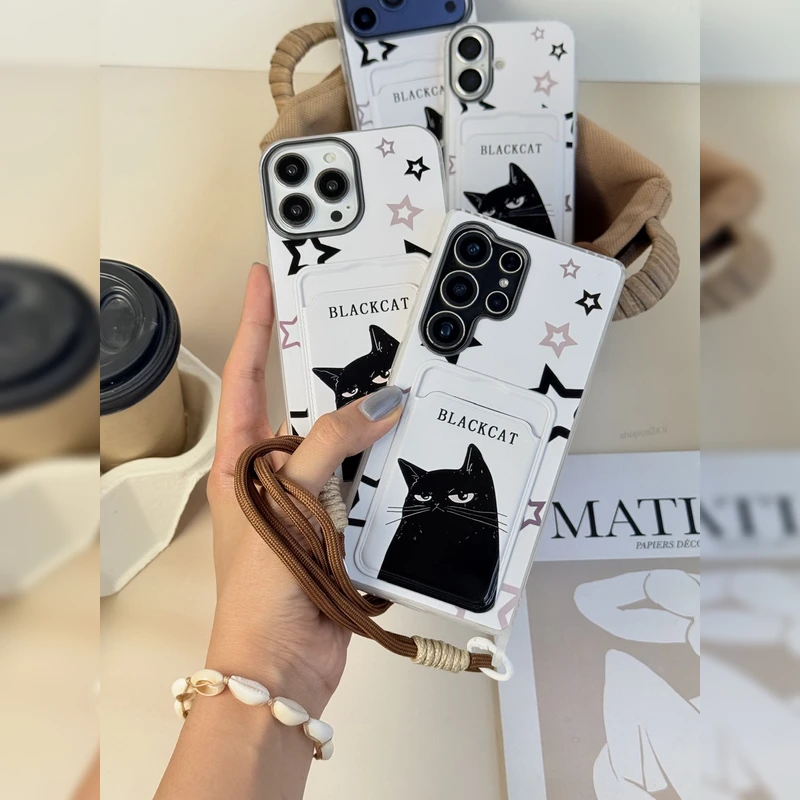 گربه مشکی ستاره ای جاکارتی همراه بند Starry Black Cat Card Slot Strap 2