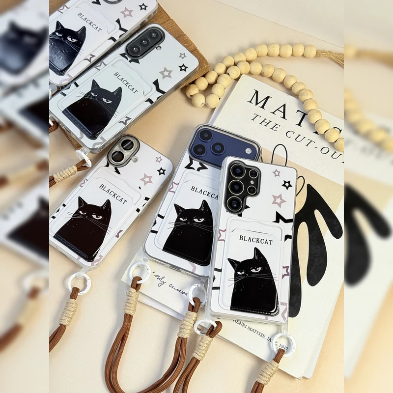 گربه مشکی ستاره ای جاکارتی همراه بند Starry Black Cat Card Slot Strap 7