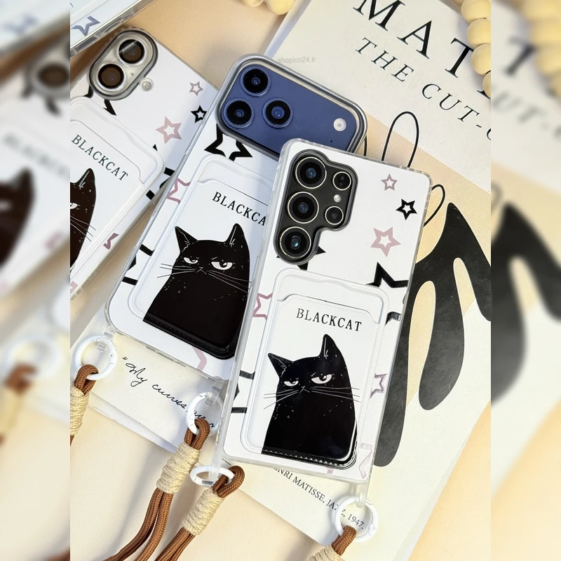 گربه مشکی ستاره ای جاکارتی همراه بند Starry Black Cat Card Slot Strap 8