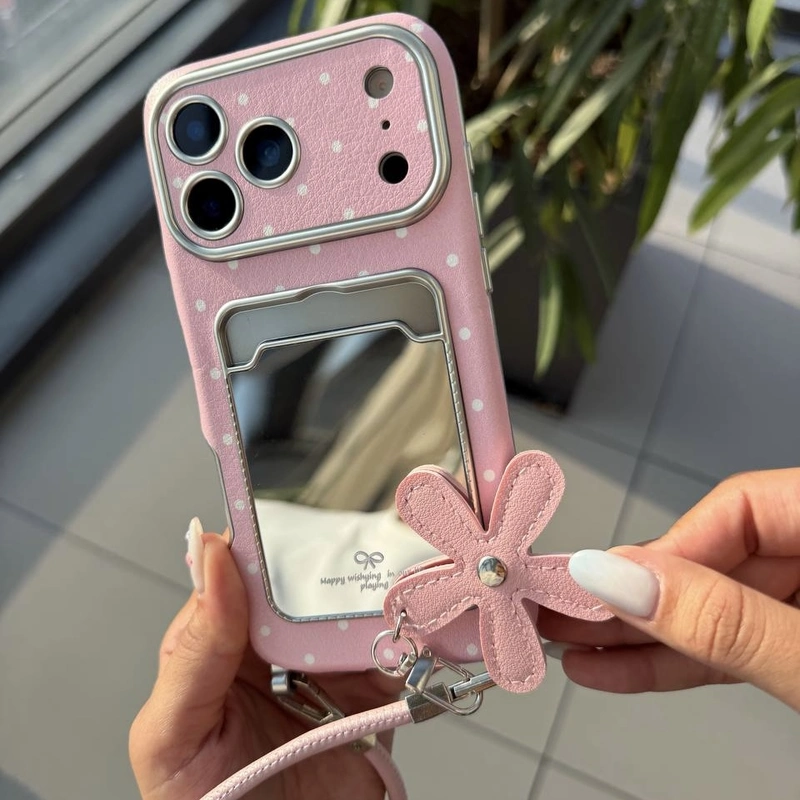 آیینه صورتی خالدار همراه بند Pink Polka Mirror With Strap 2