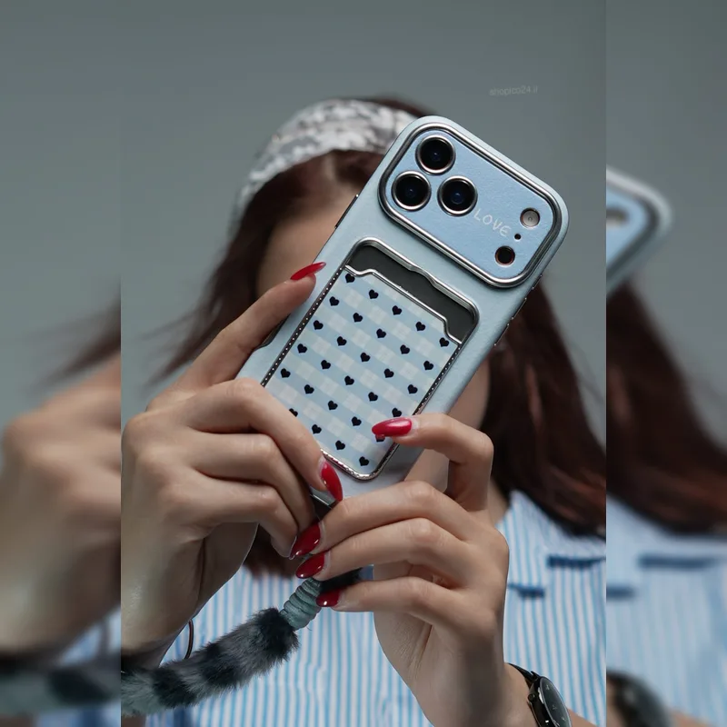 قلب آیینه ای جاکارتی بند خزدار Mirror Heart Card Slot Furry Strap 4